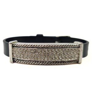 Women's Pave Clear Rhinestone Silver Bar Black Adjustable Wrist Band Bracelet